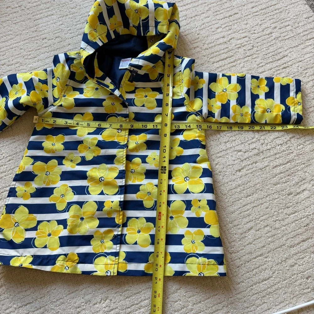Gymboree Girls Hooded Raincoat Yellow Floral Navy Stripe Jacket Size‎ XS 3-4